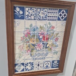 Vintage Floral Tile Art Style Needlepoint in Wooden Frame